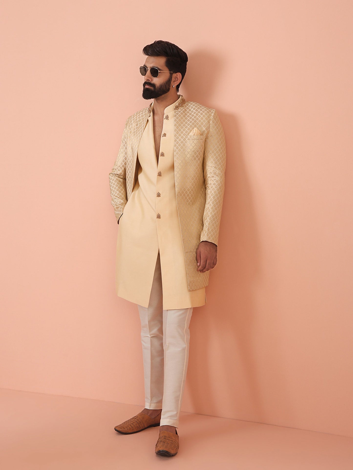 Men Cream Jacquard Jacket Indowestern Trouser Set with Ethnic Motifs