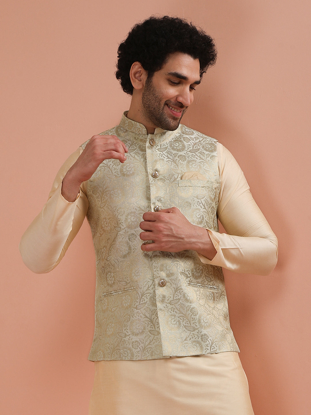 Men Cream Jacquard Jacket with Floral