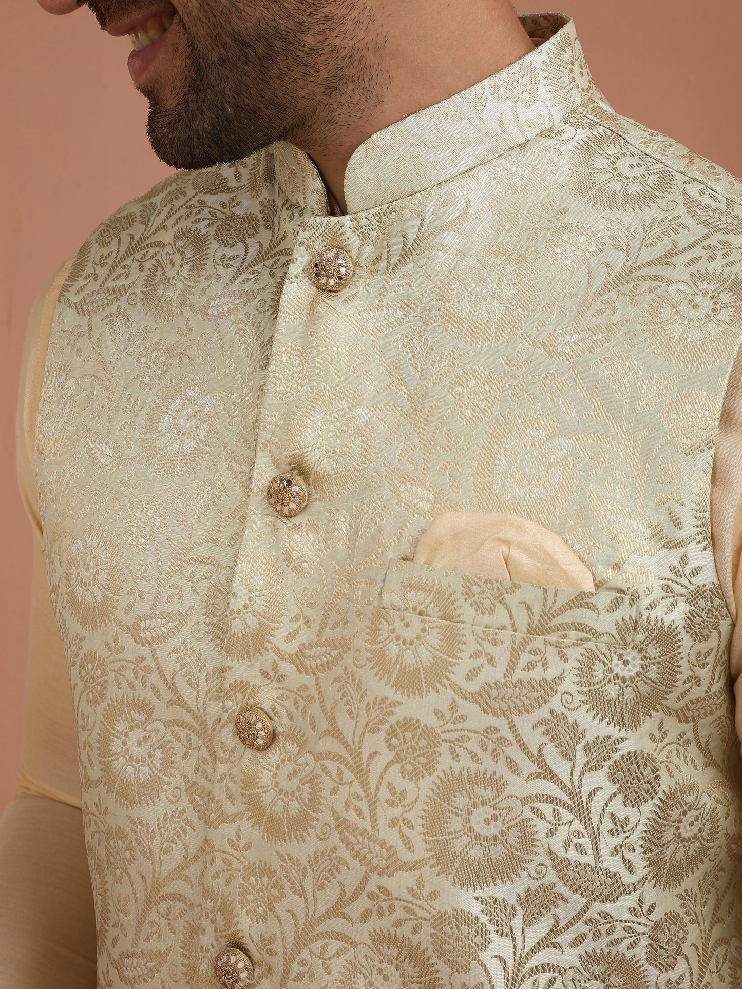 Men Cream Jacquard Jacket with Floral