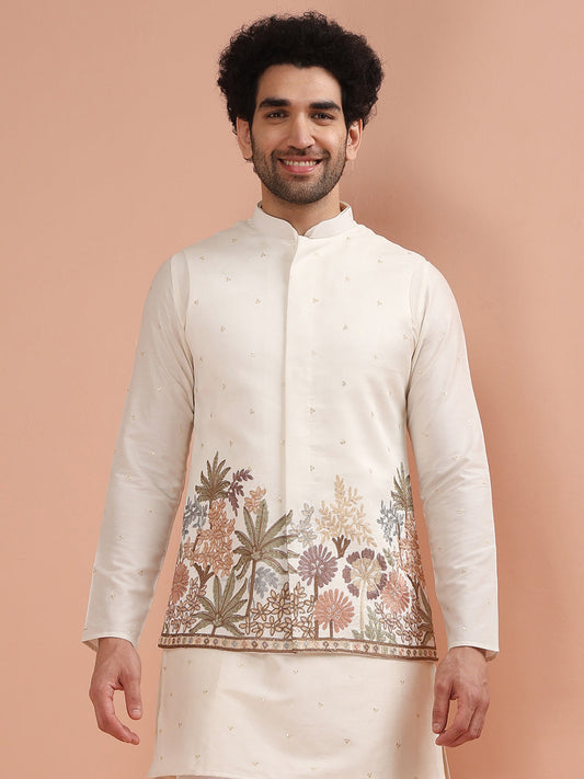 Men Off White Embroidered Jacket with Floral