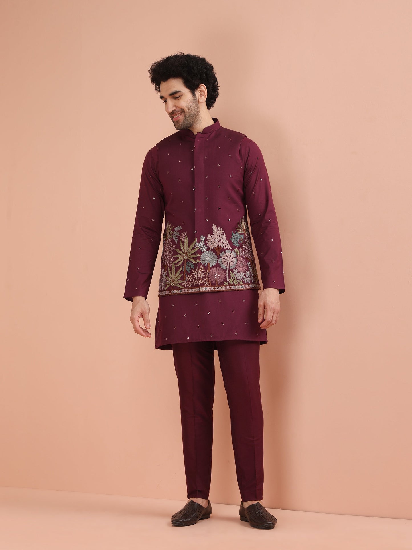 Men Wine Embroidered Nehru Jacket with Floral