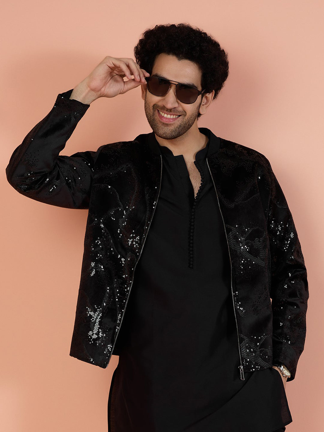 Men Black Abstract Bomber Jacket with Sequence