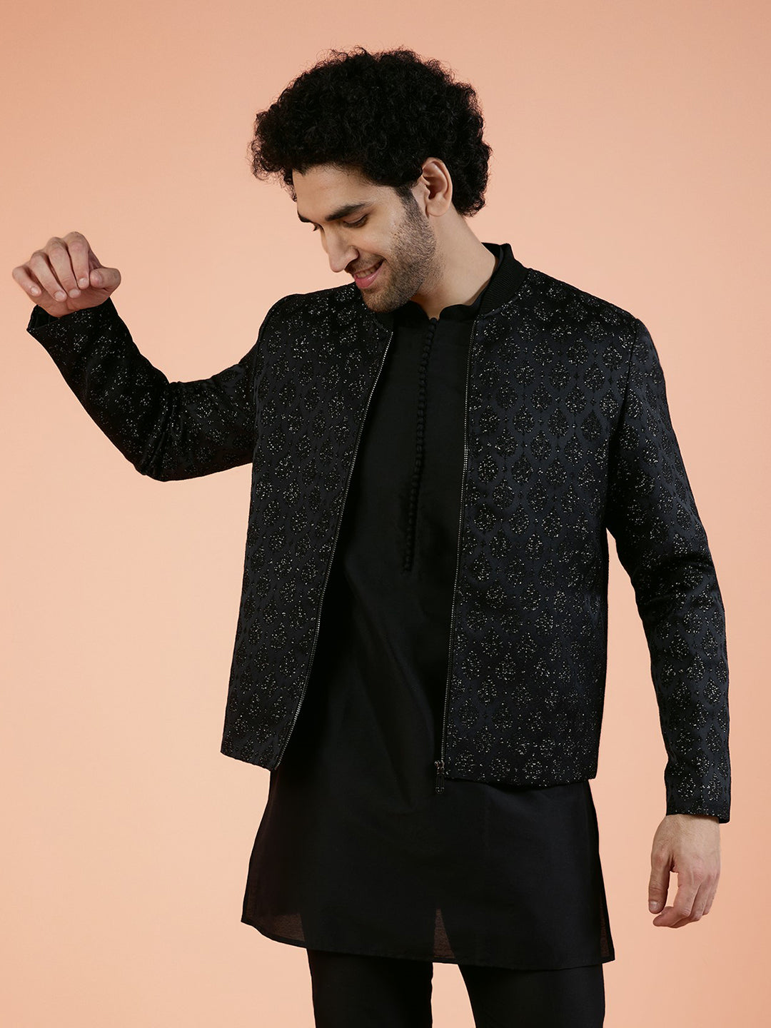 Men Black Woven Design Bomber Jacket with Ethnic Motifs