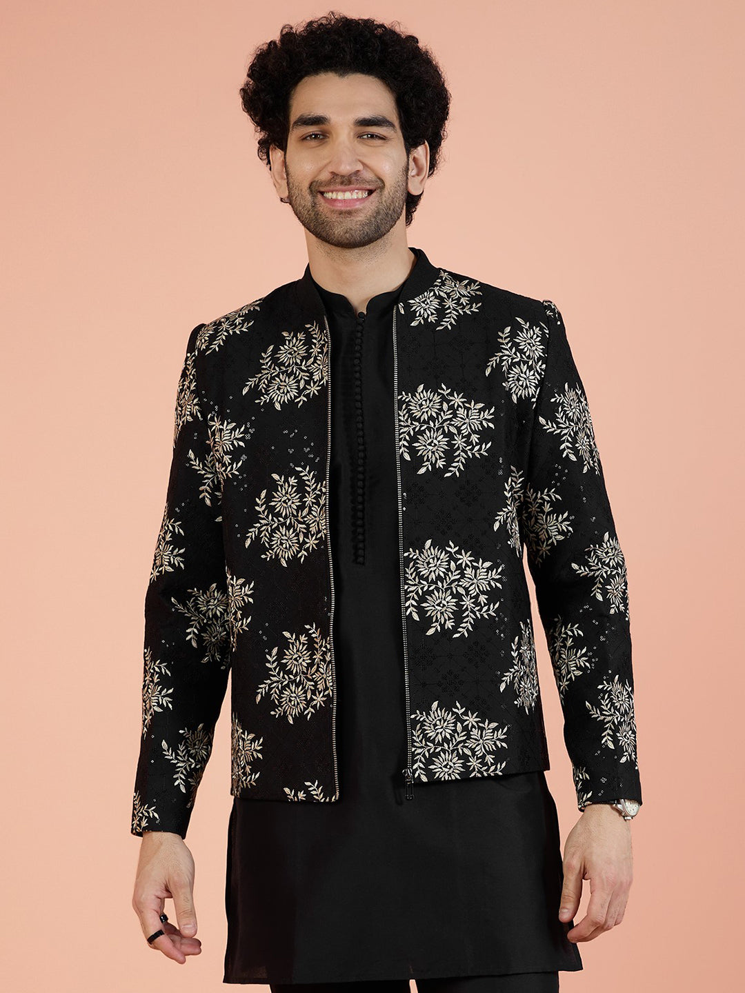 Men Black Embroidered Bomber Jacket with Thread Work