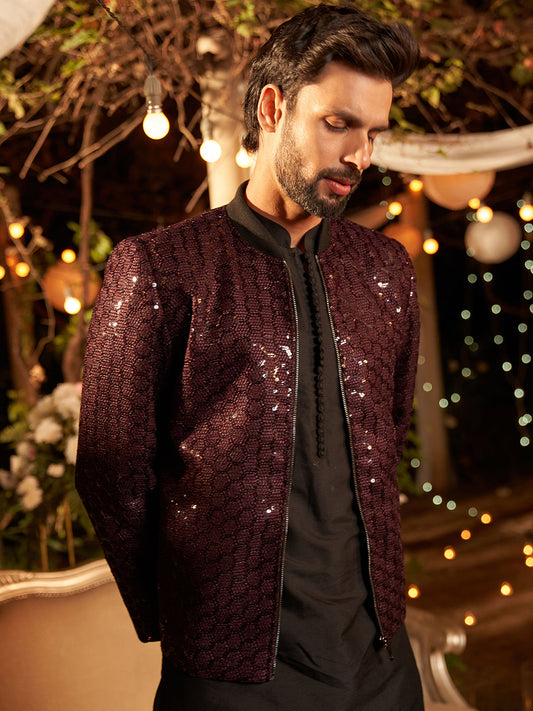 Men Wine Embellished Bomber Jacket with Sequence