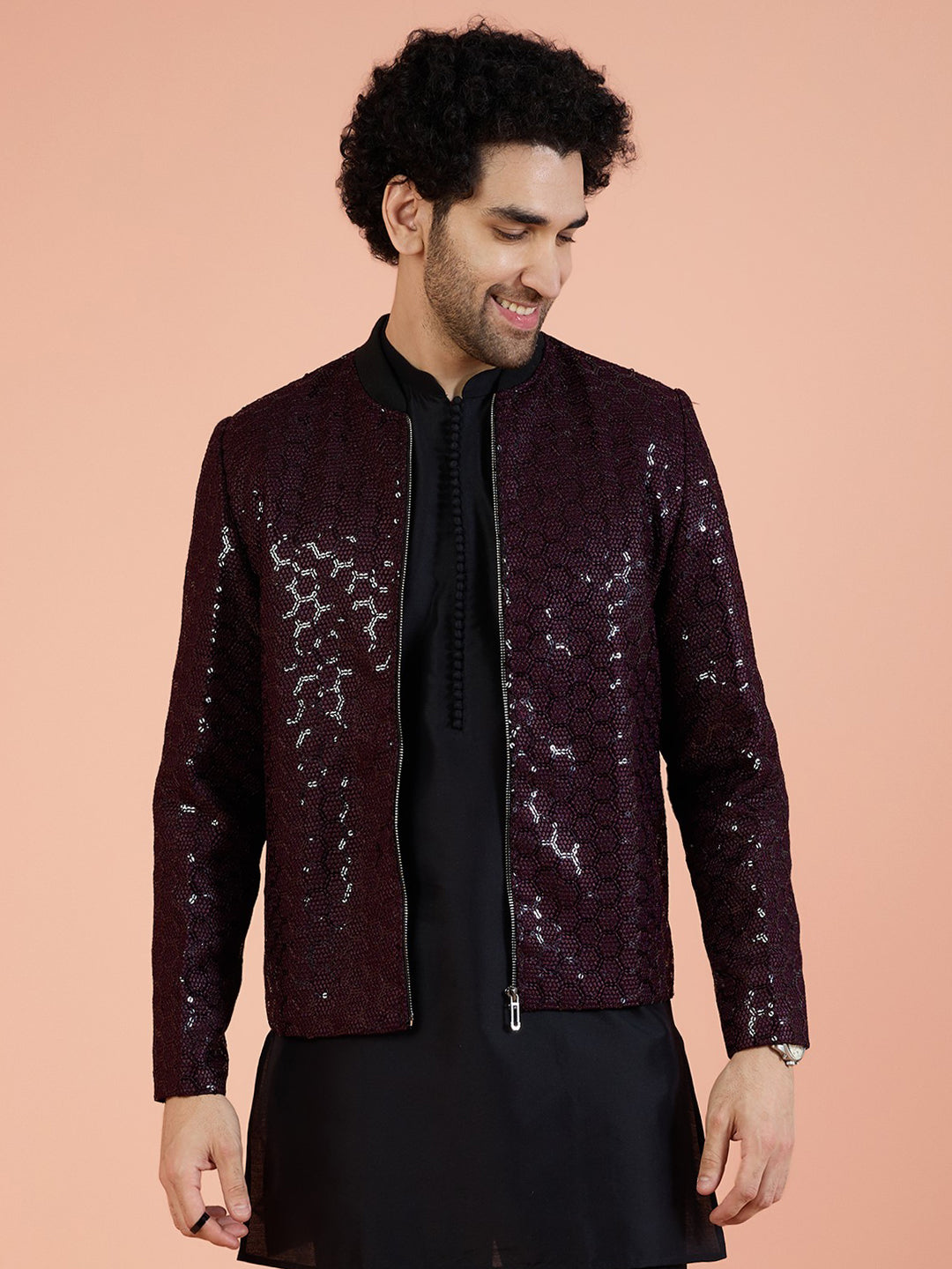 Men Wine Embellished Bomber Jacket with Sequence