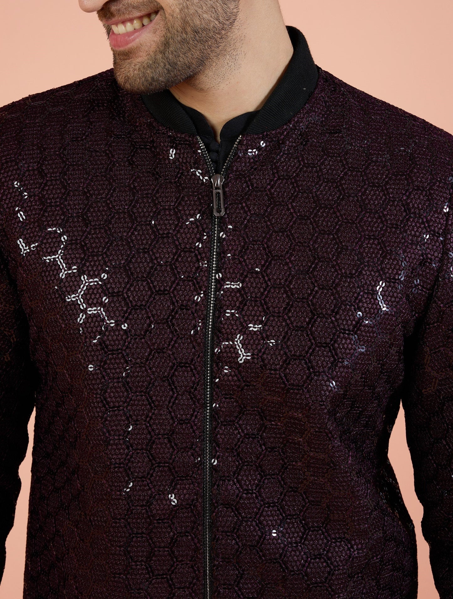 Men Wine Embellished Bomber Jacket with Sequence