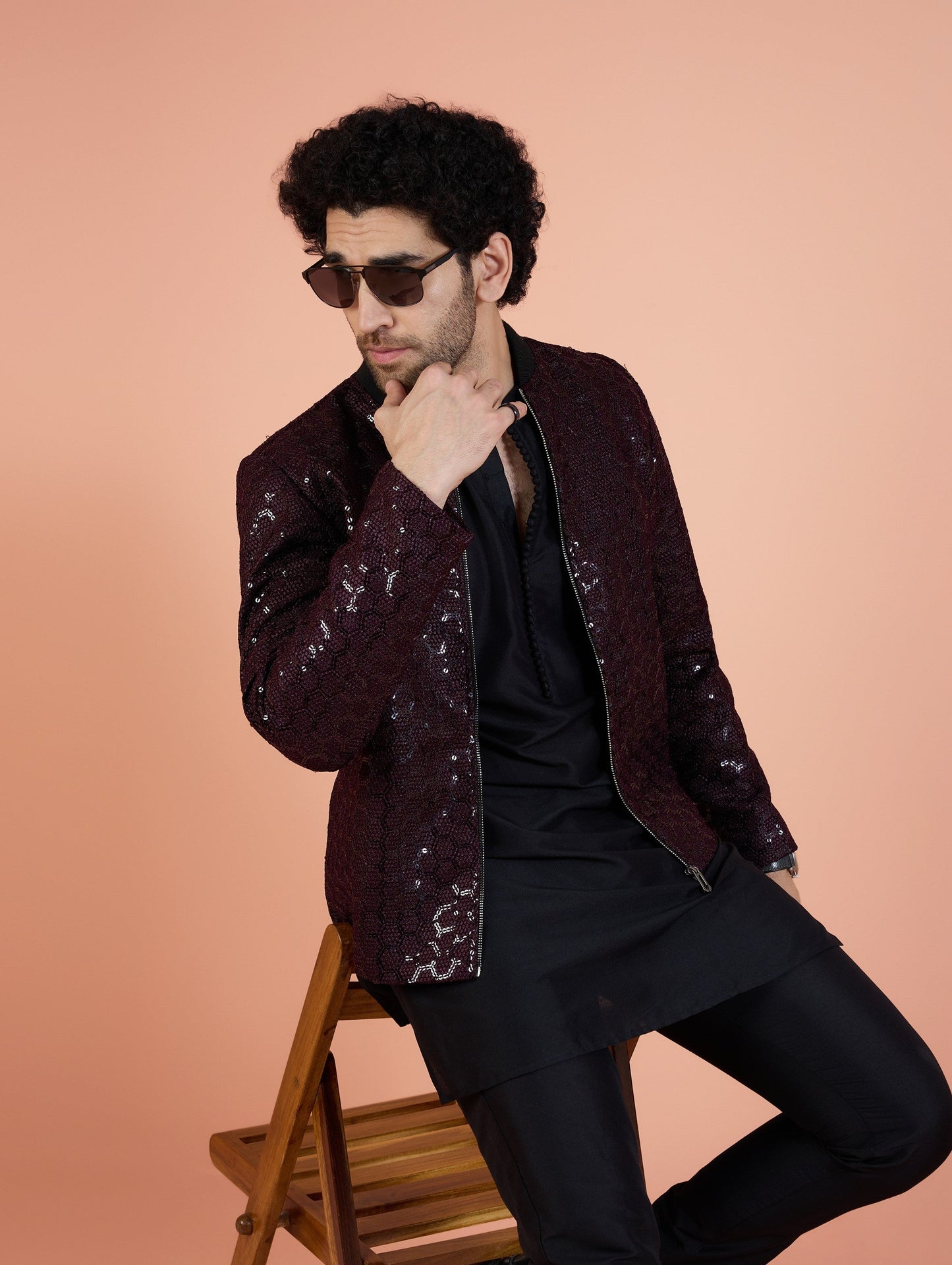 Men Wine Embellished Bomber Jacket with Sequence