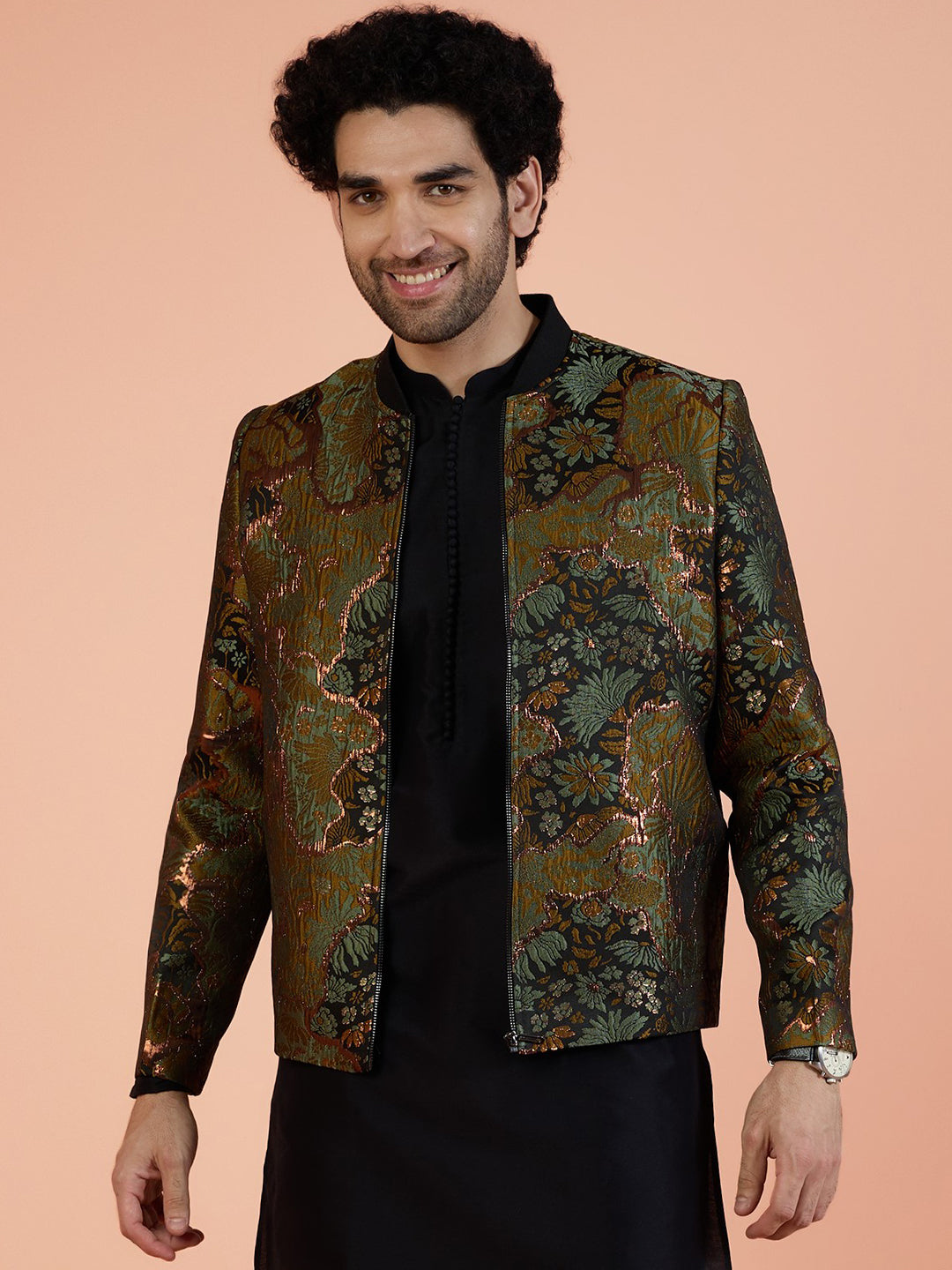 Men Green Abstract Bomber Jacket with Zari Work