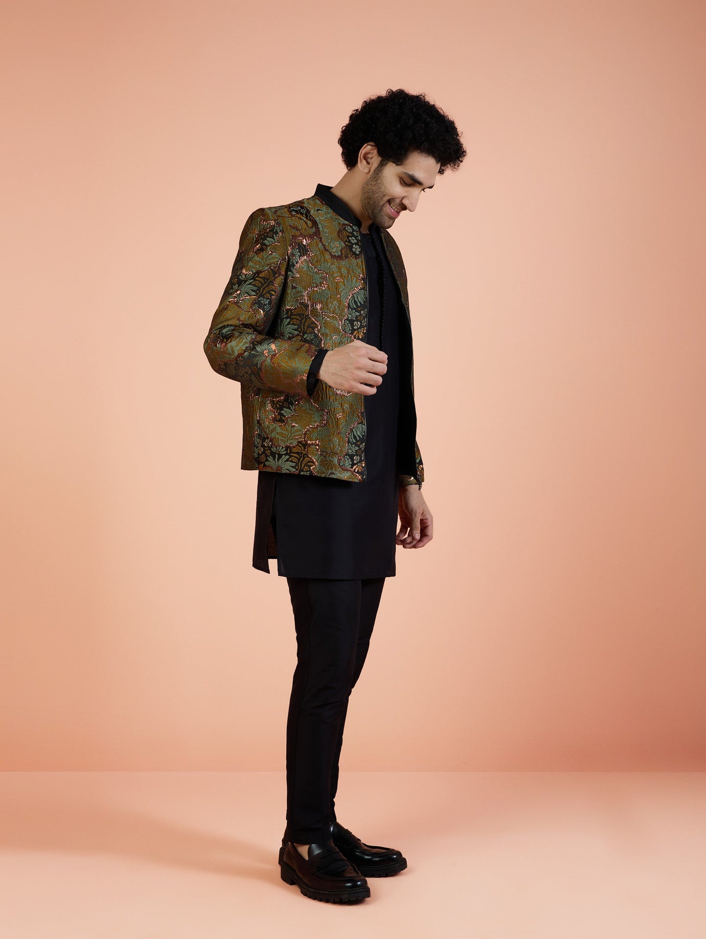 Men Green Abstract Bomber Jacket with Zari Work