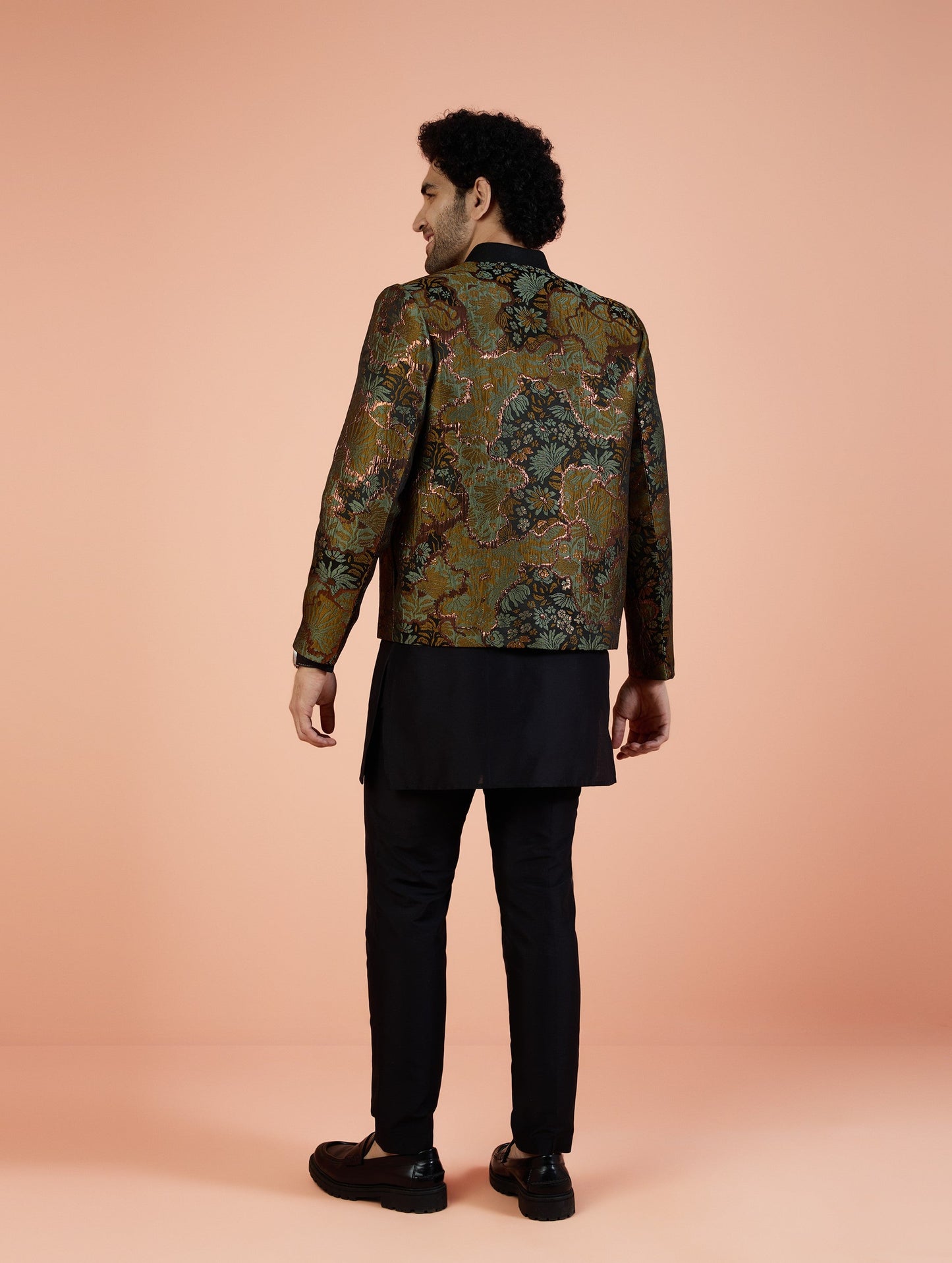 Men Green Abstract Bomber Jacket with Zari Work