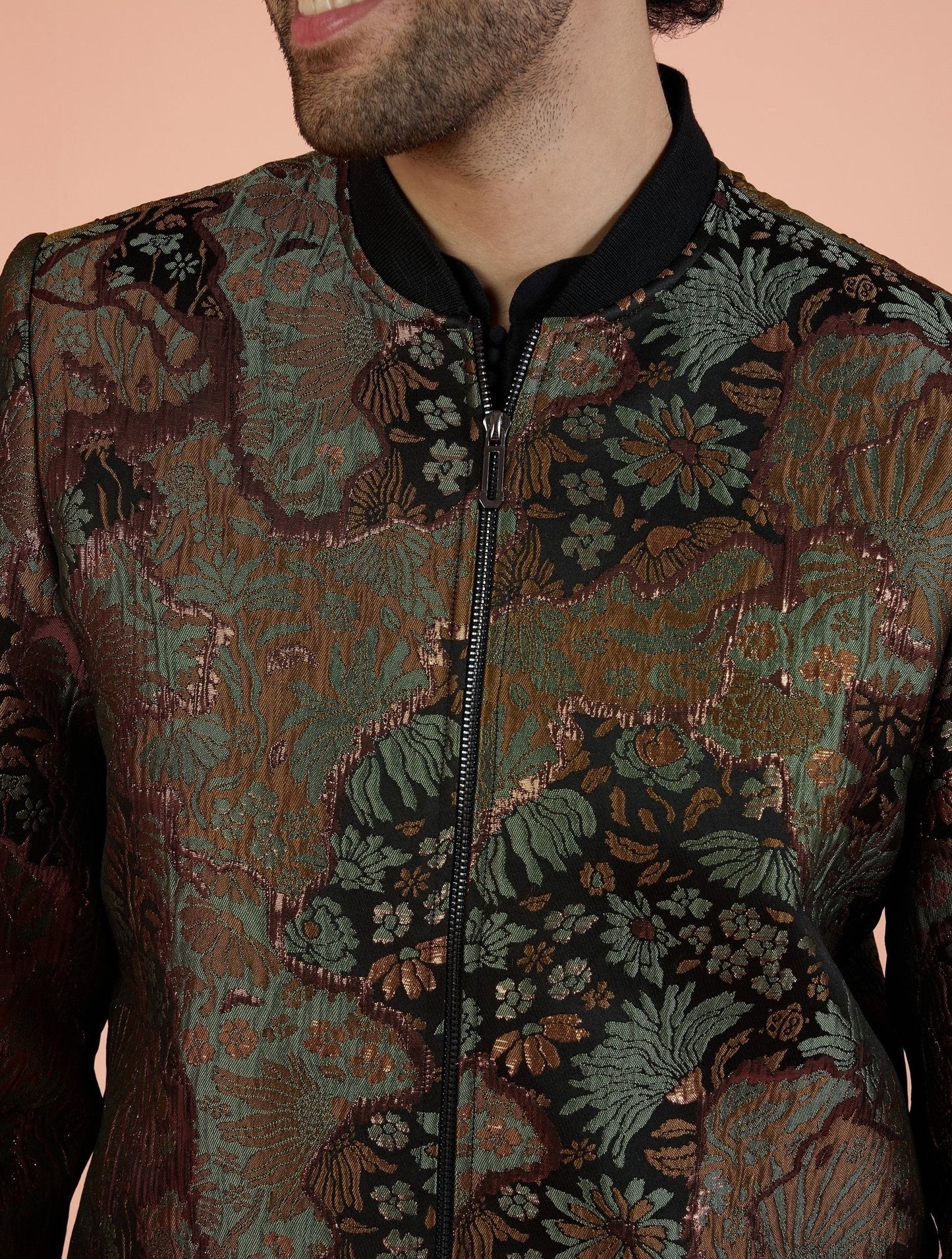 Men Green Abstract Bomber Jacket with Zari Work