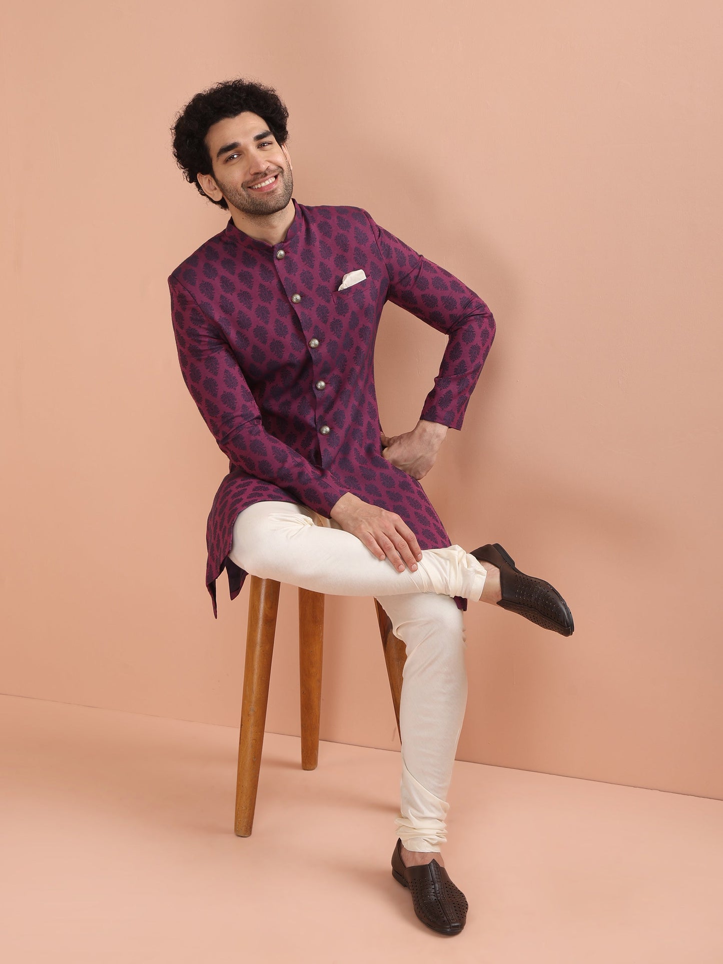 Men Magenta Jacquard Indowestern Churidar Set with Ethnic Motifs