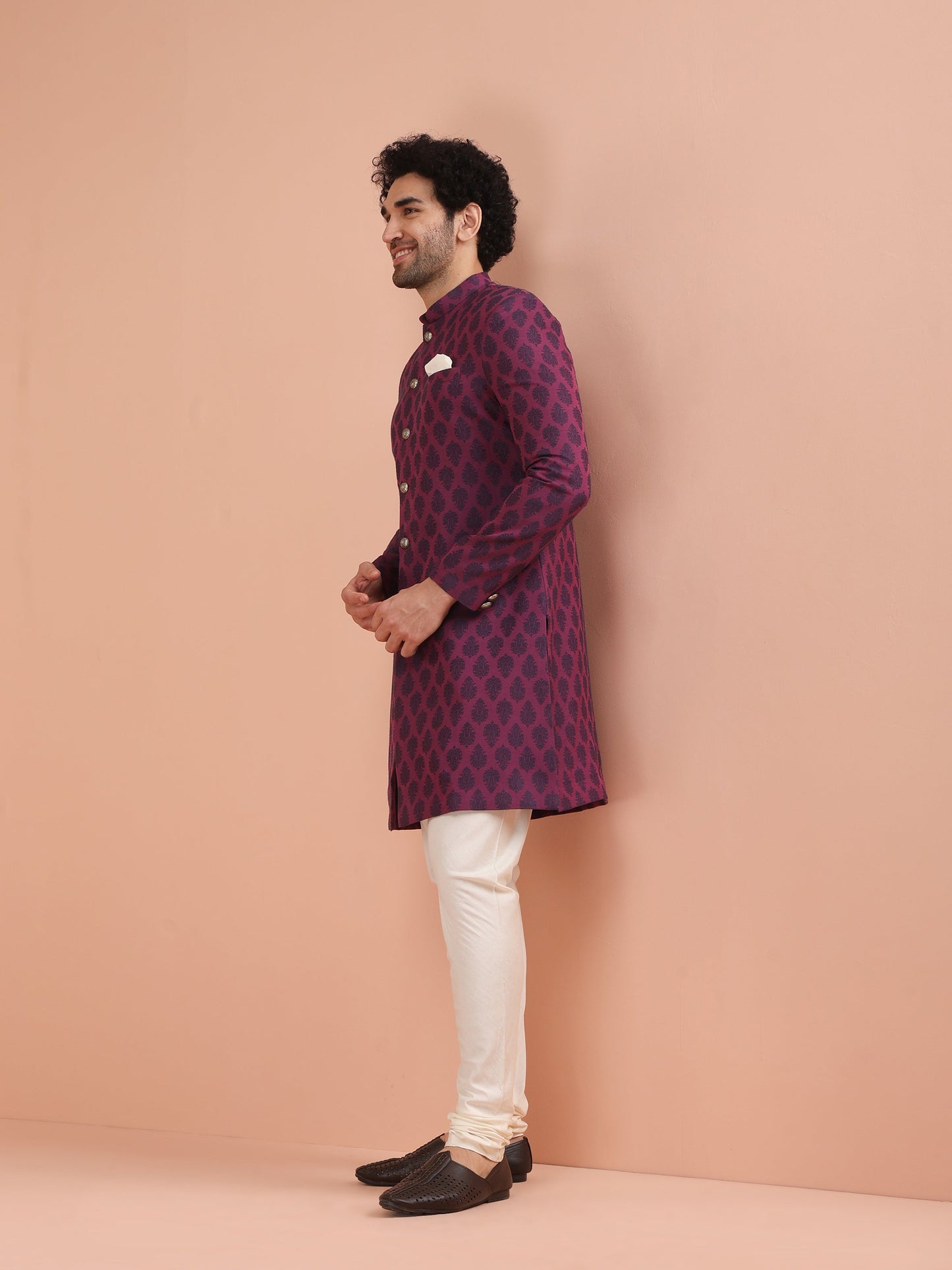 Men Magenta Jacquard Indowestern Churidar Set with Ethnic Motifs