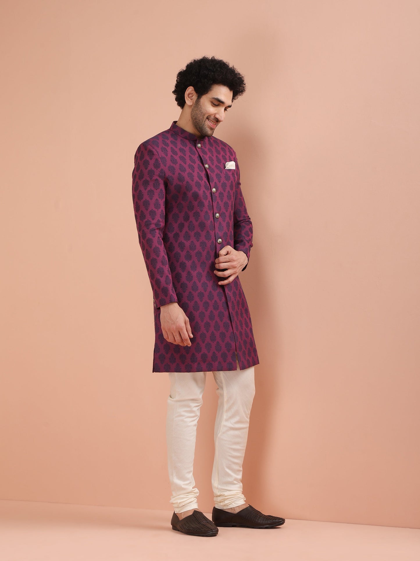 Men Magenta Jacquard Indowestern Churidar Set with Ethnic Motifs