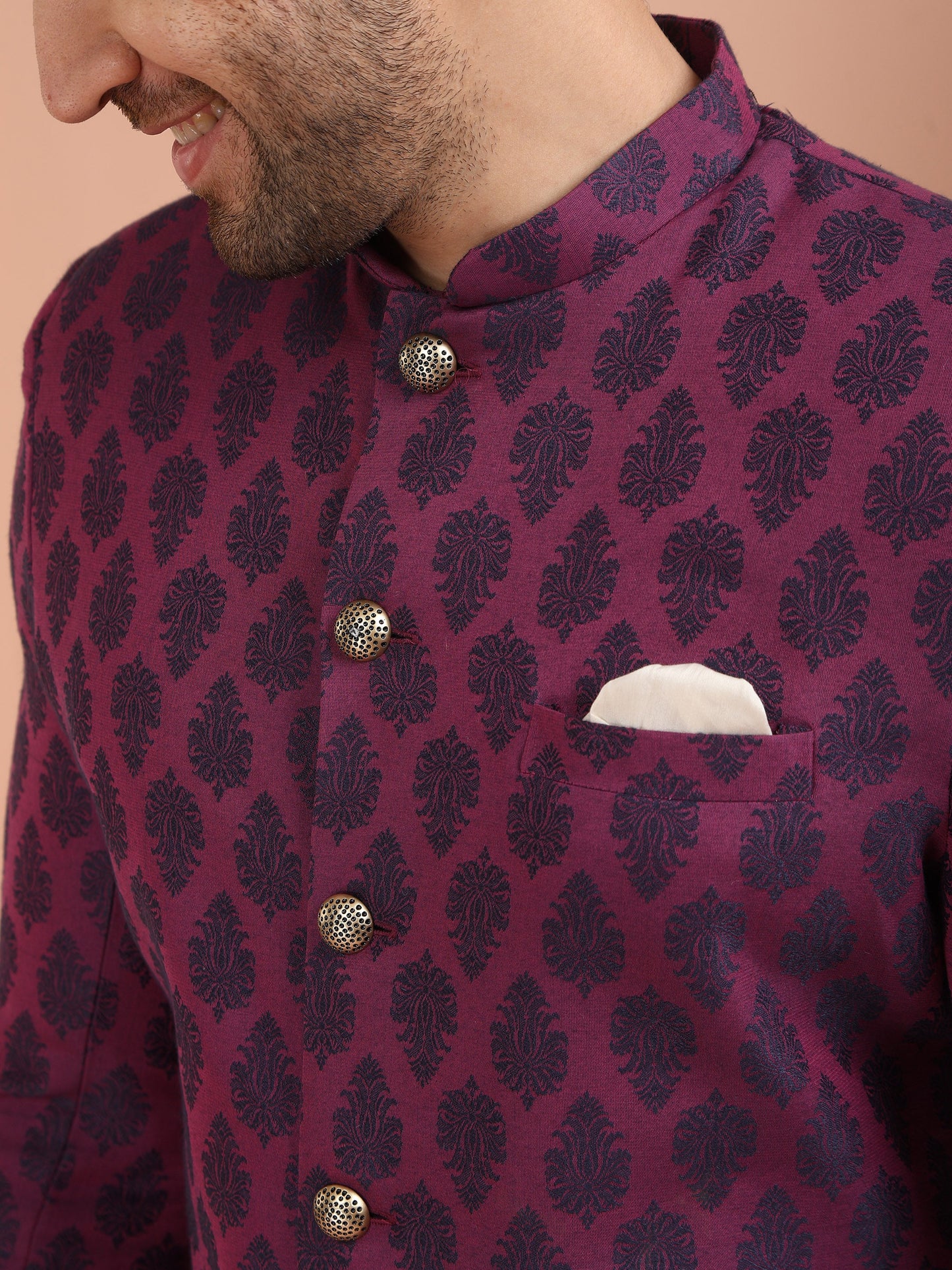 Men Magenta Jacquard Indowestern Churidar Set with Ethnic Motifs