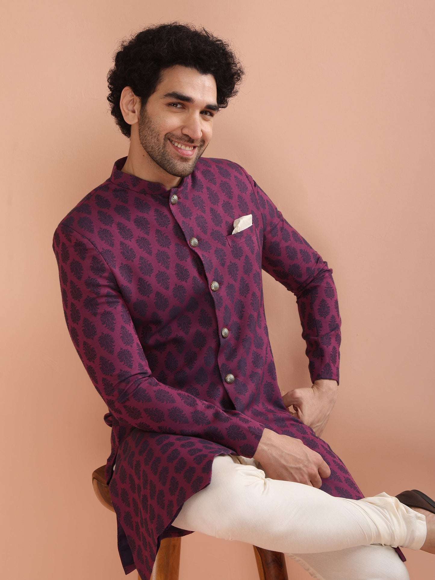 Men Magenta Jacquard Indowestern Churidar Set with Ethnic Motifs