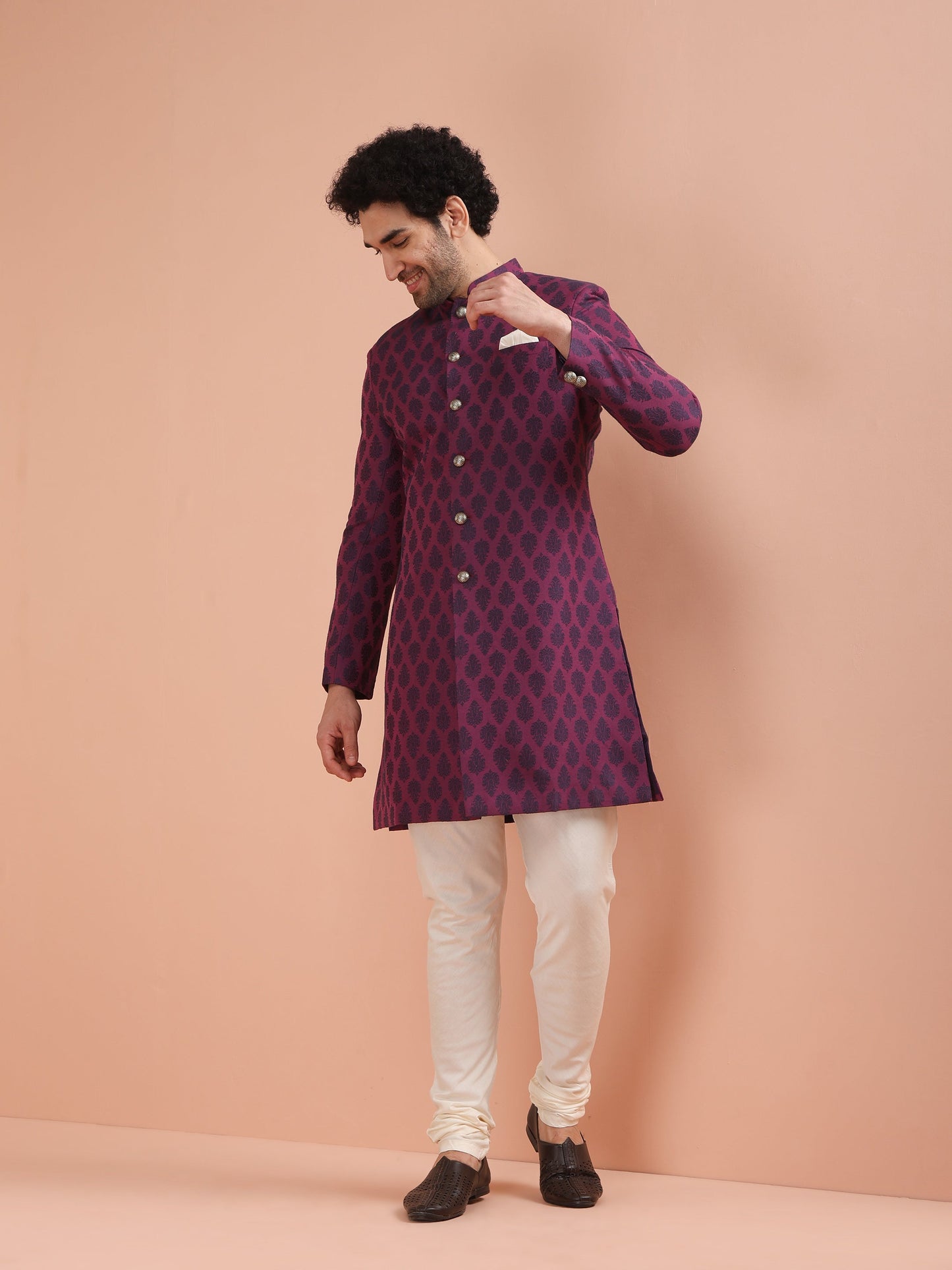 Men Magenta Jacquard Indowestern Churidar Set with Ethnic Motifs