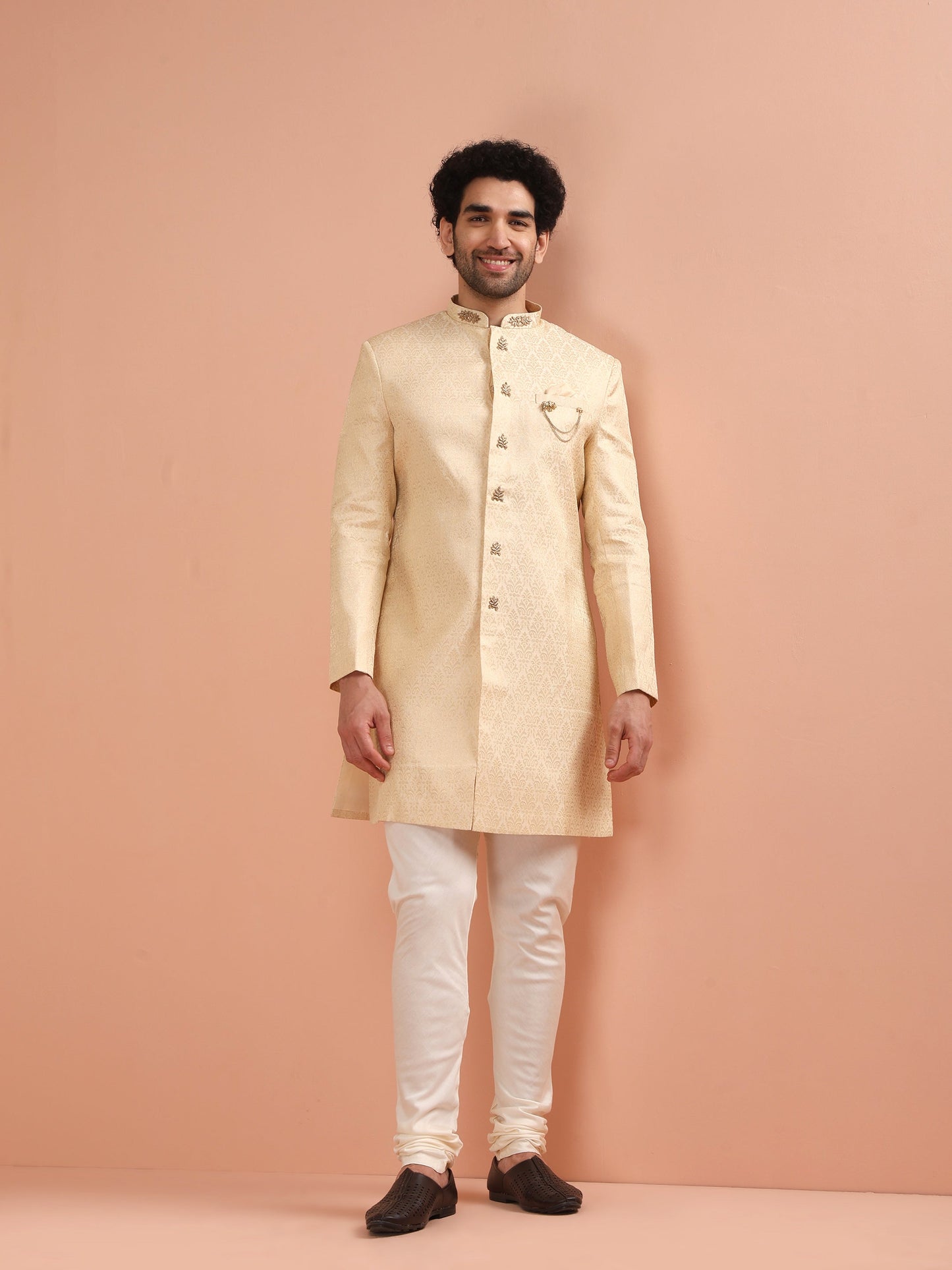 Men Cream Jacquard Indowestern Churidar Set with Ethnic Motifs