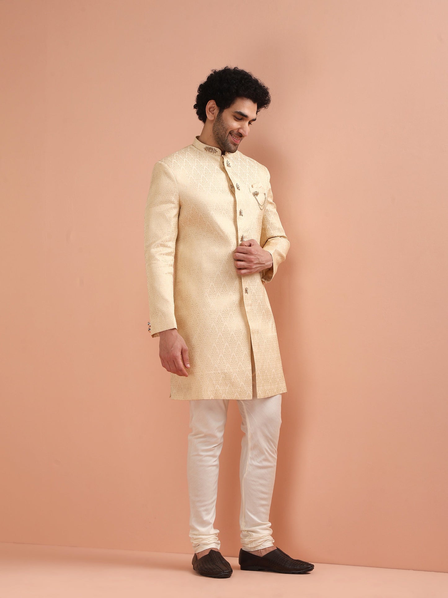 Men Cream Jacquard Indowestern Churidar Set with Ethnic Motifs