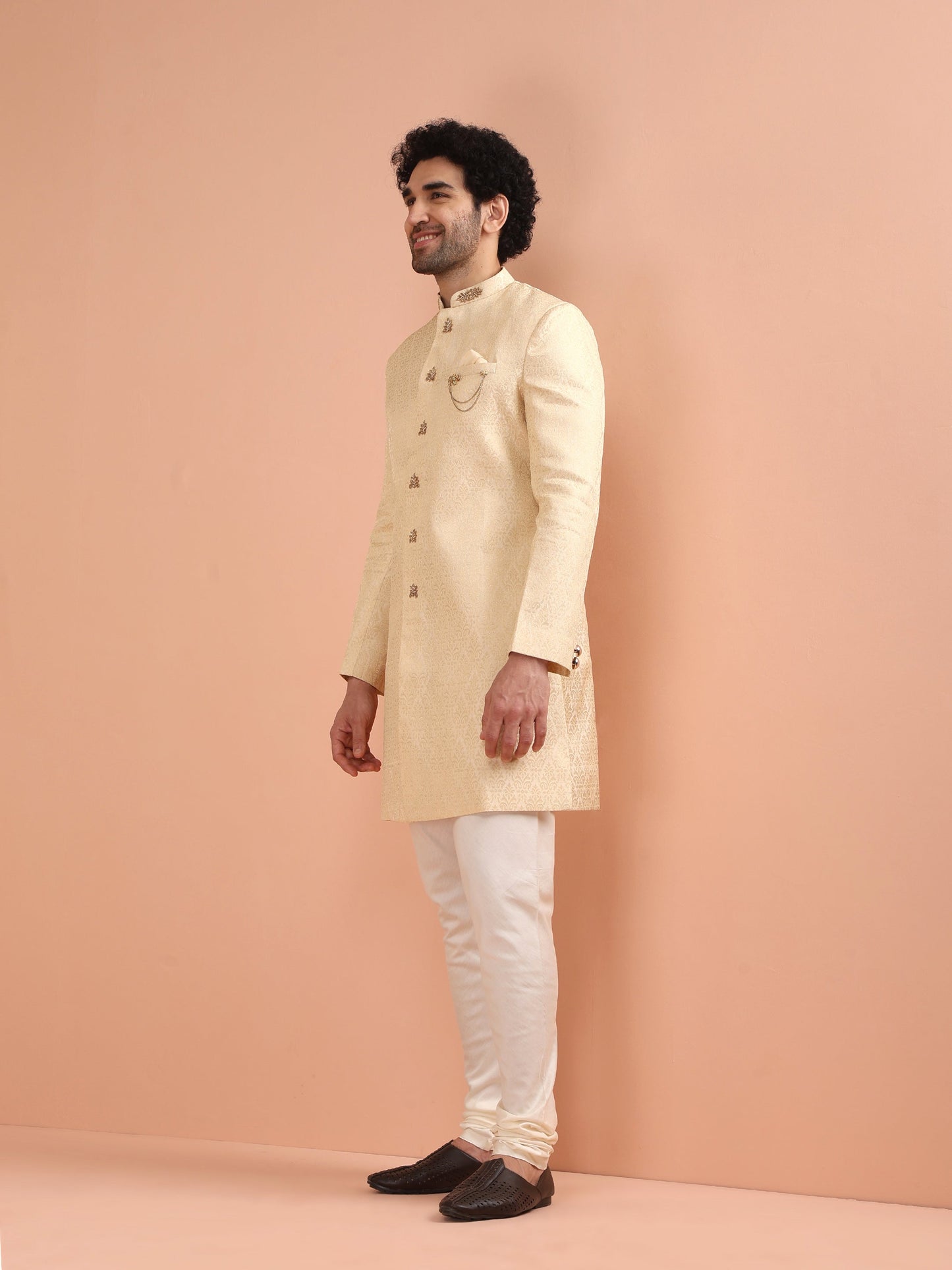 Men Cream Jacquard Indowestern Churidar Set with Ethnic Motifs