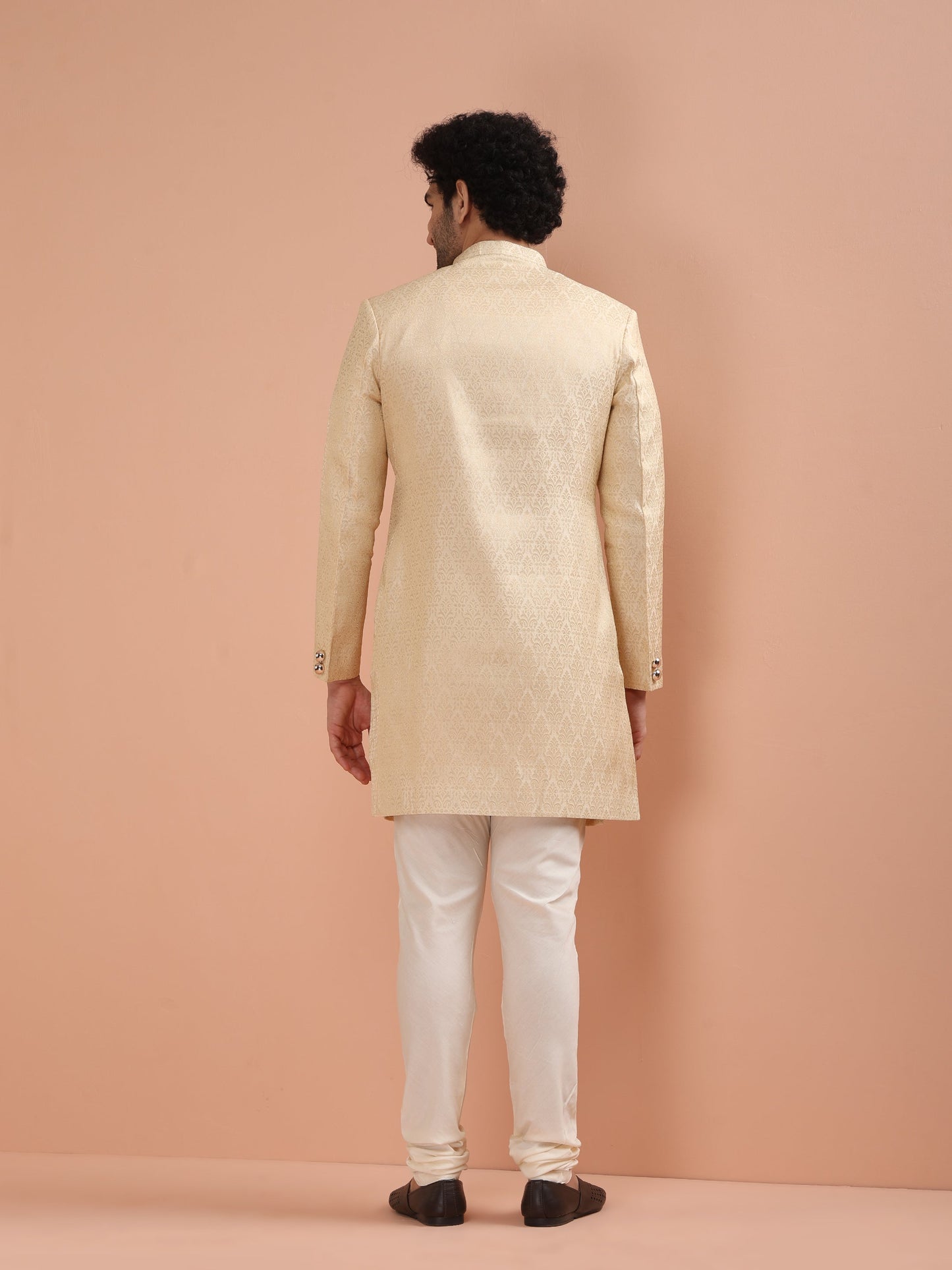 Men Cream Jacquard Indowestern Churidar Set with Ethnic Motifs