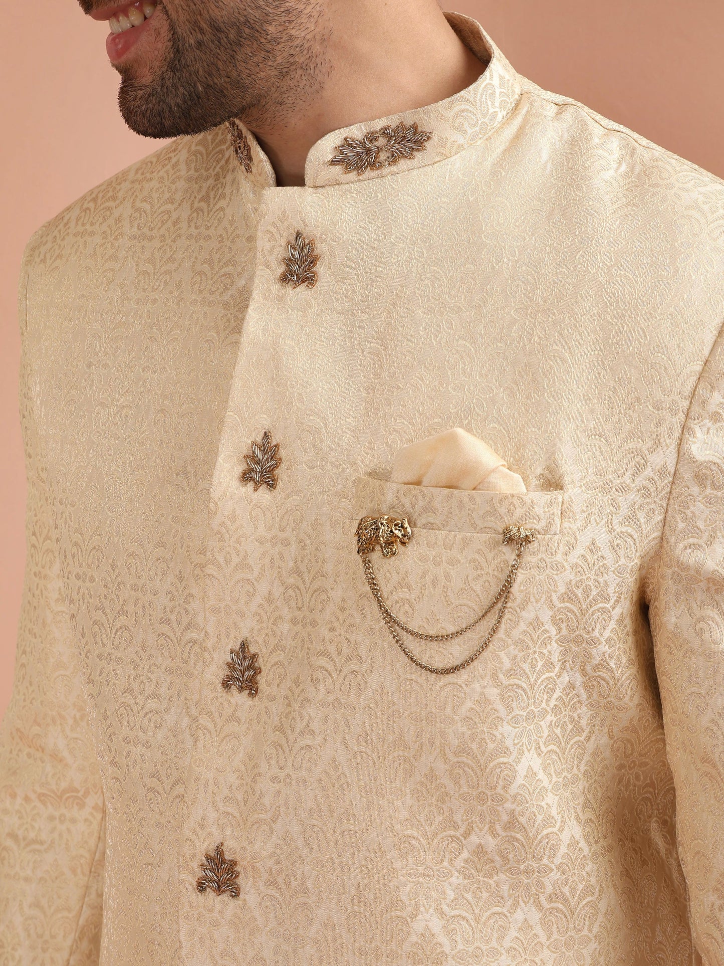 Men Cream Jacquard Indowestern Churidar Set with Ethnic Motifs