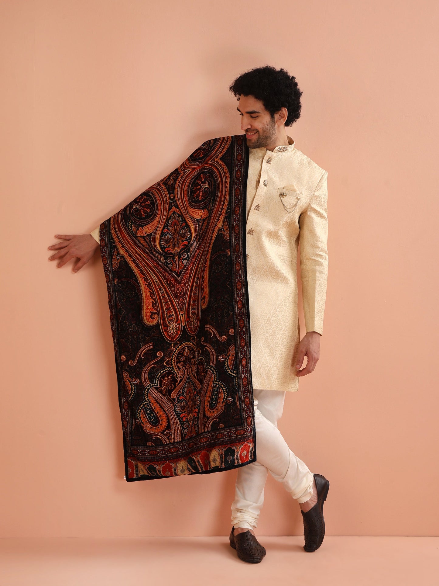 Men Cream Jacquard Indowestern Churidar Set with Dupatta with Ethnic Motifs