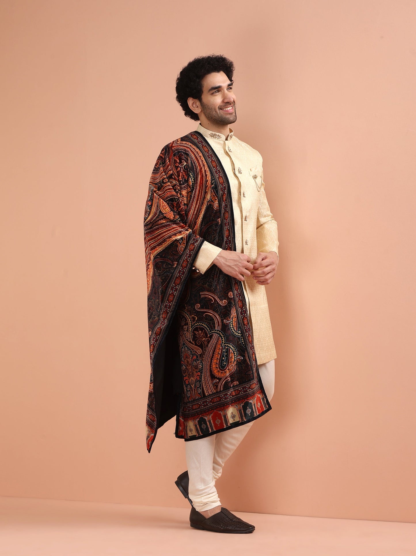 Men Cream Jacquard Indowestern Churidar Set with Dupatta with Ethnic Motifs