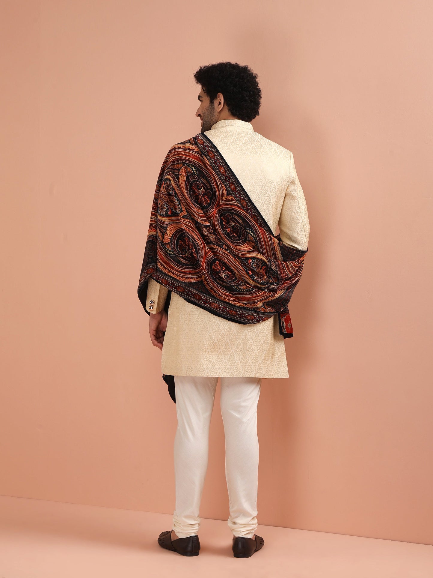 Men Cream Jacquard Indowestern Churidar Set with Dupatta with Ethnic Motifs