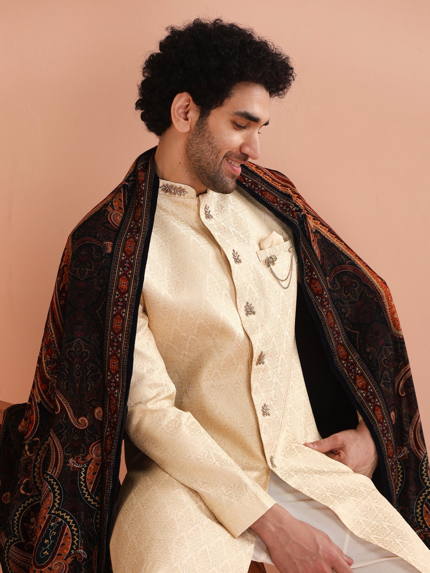 Men Cream Jacquard Indowestern Churidar Set with Dupatta with Ethnic Motifs