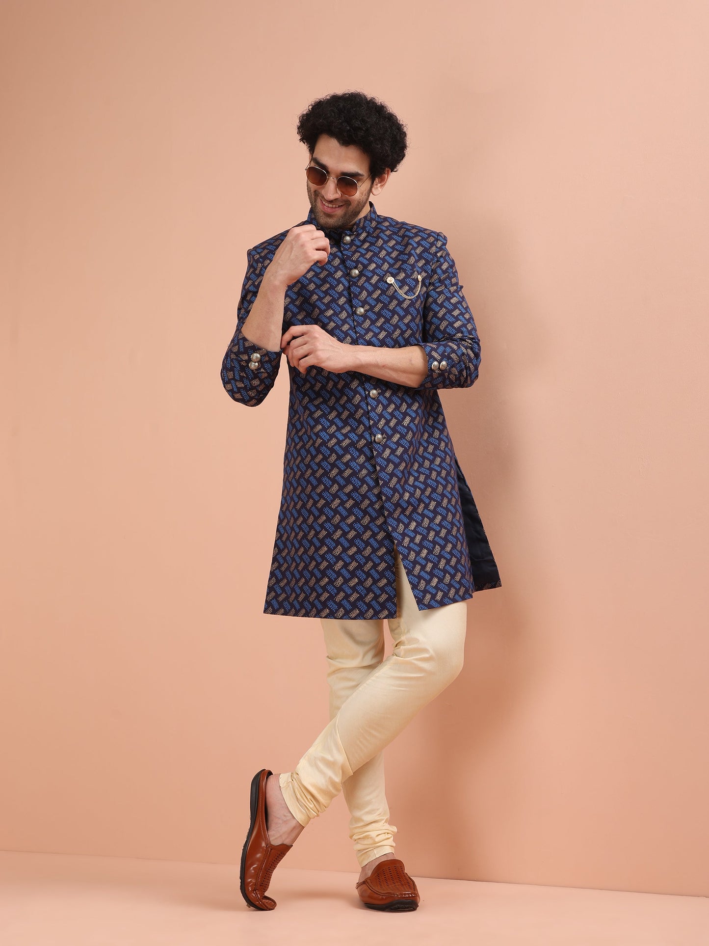 Men Navy Blue Printed Indowestern Churidar Set with Abstract