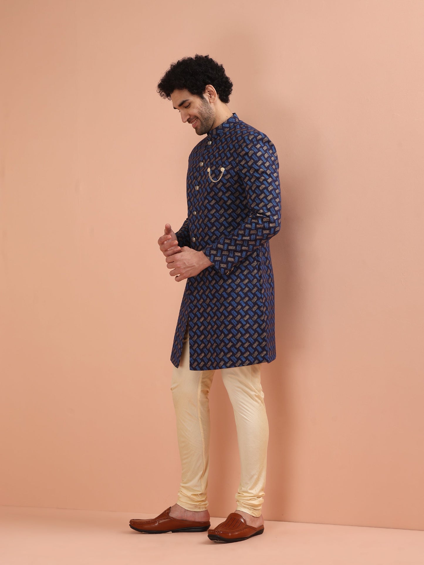 Men Navy Blue Printed Indowestern Churidar Set with Abstract