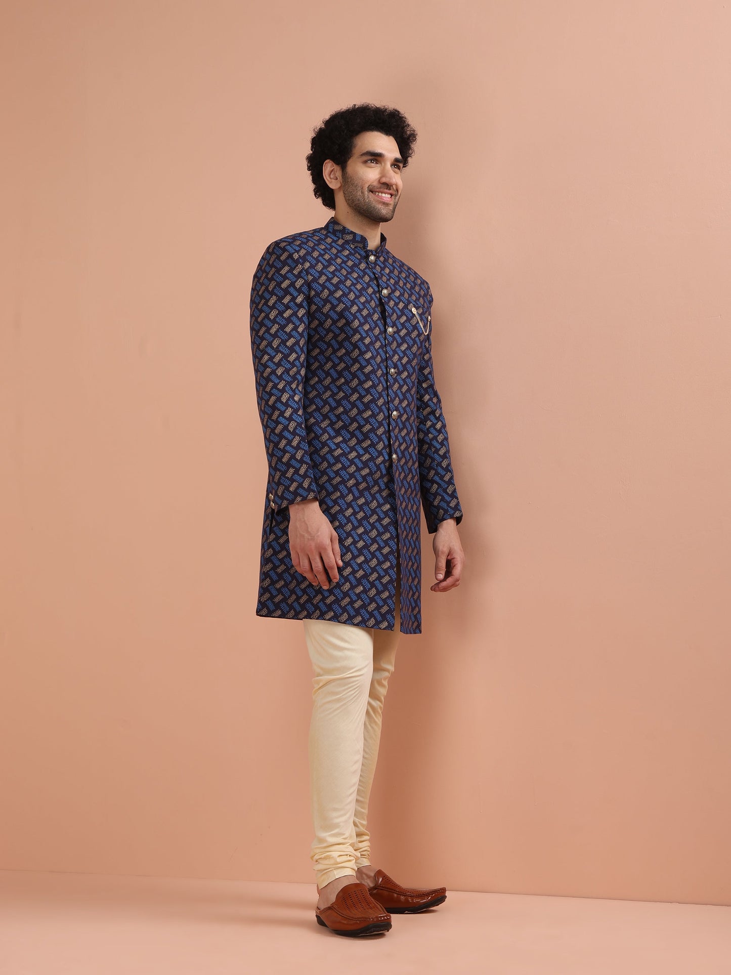 Men Navy Blue Printed Indowestern Churidar Set with Abstract