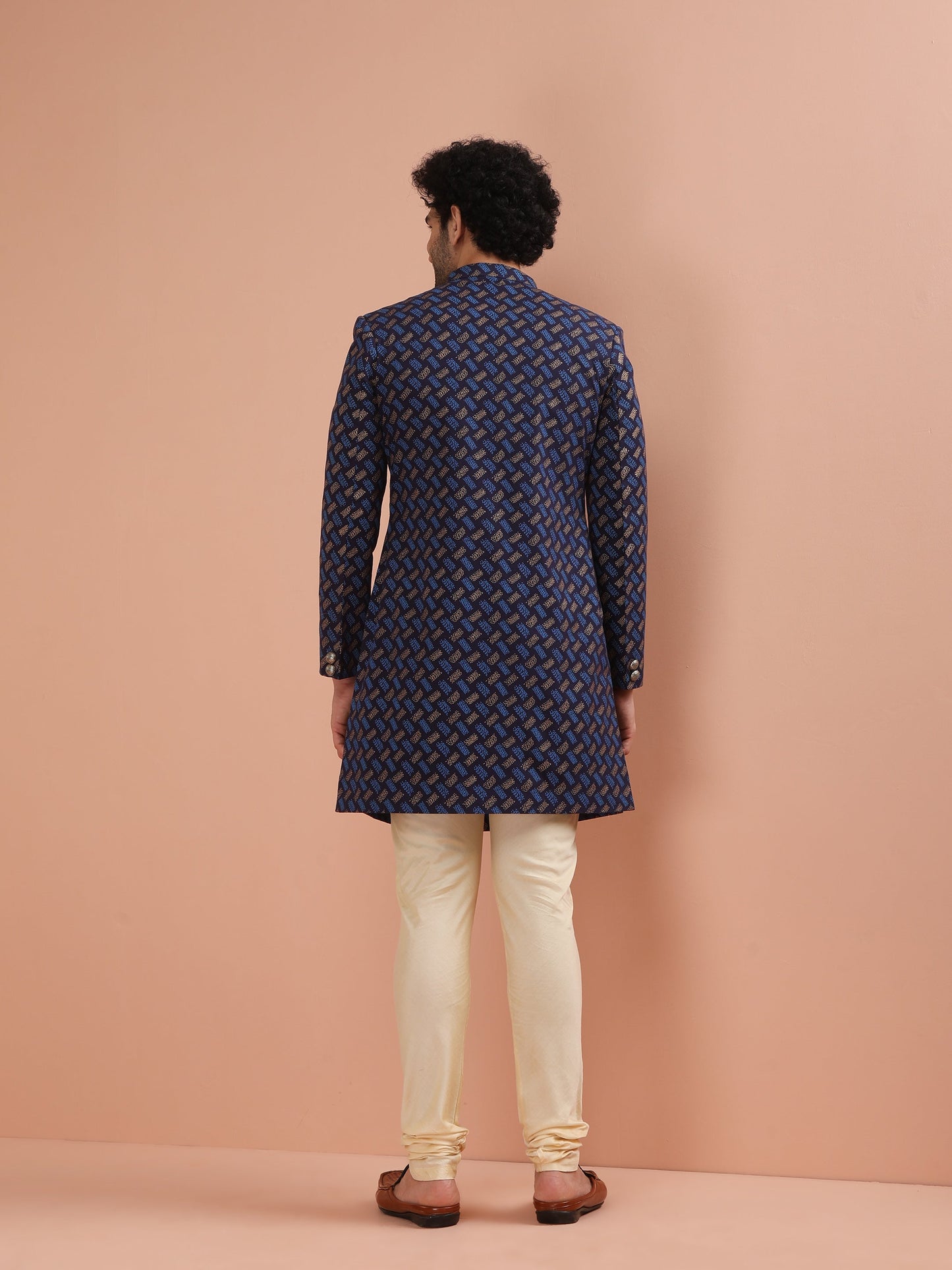 Men Navy Blue Printed Indowestern Churidar Set with Abstract