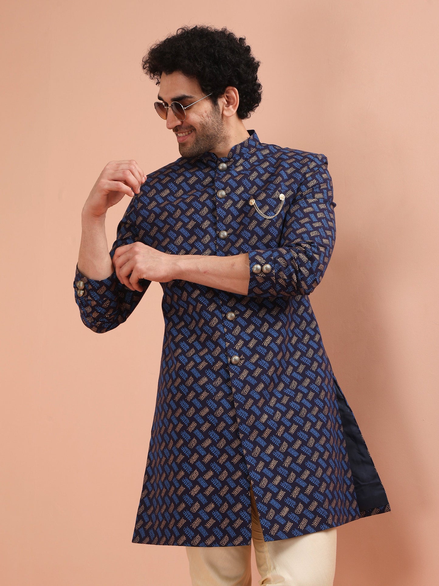 Men Navy Blue Printed Indowestern Churidar Set with Abstract