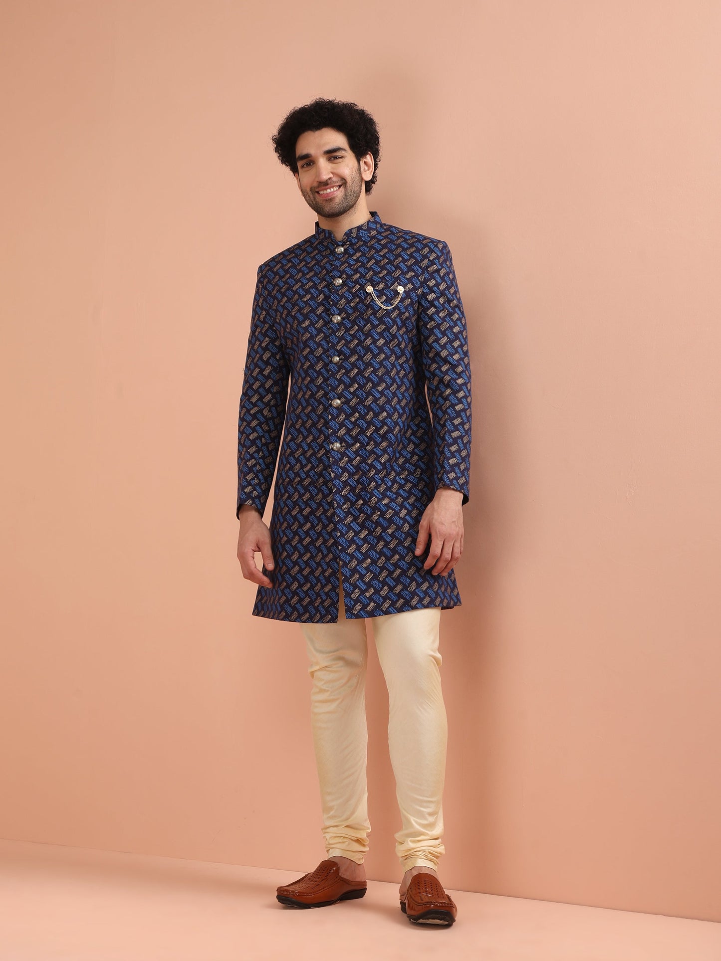 Men Navy Blue Printed Indowestern Churidar Set with Abstract