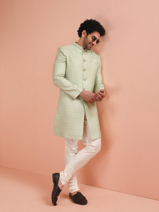 Men Green Jacquard Indowestern Churidar Set with Geometric