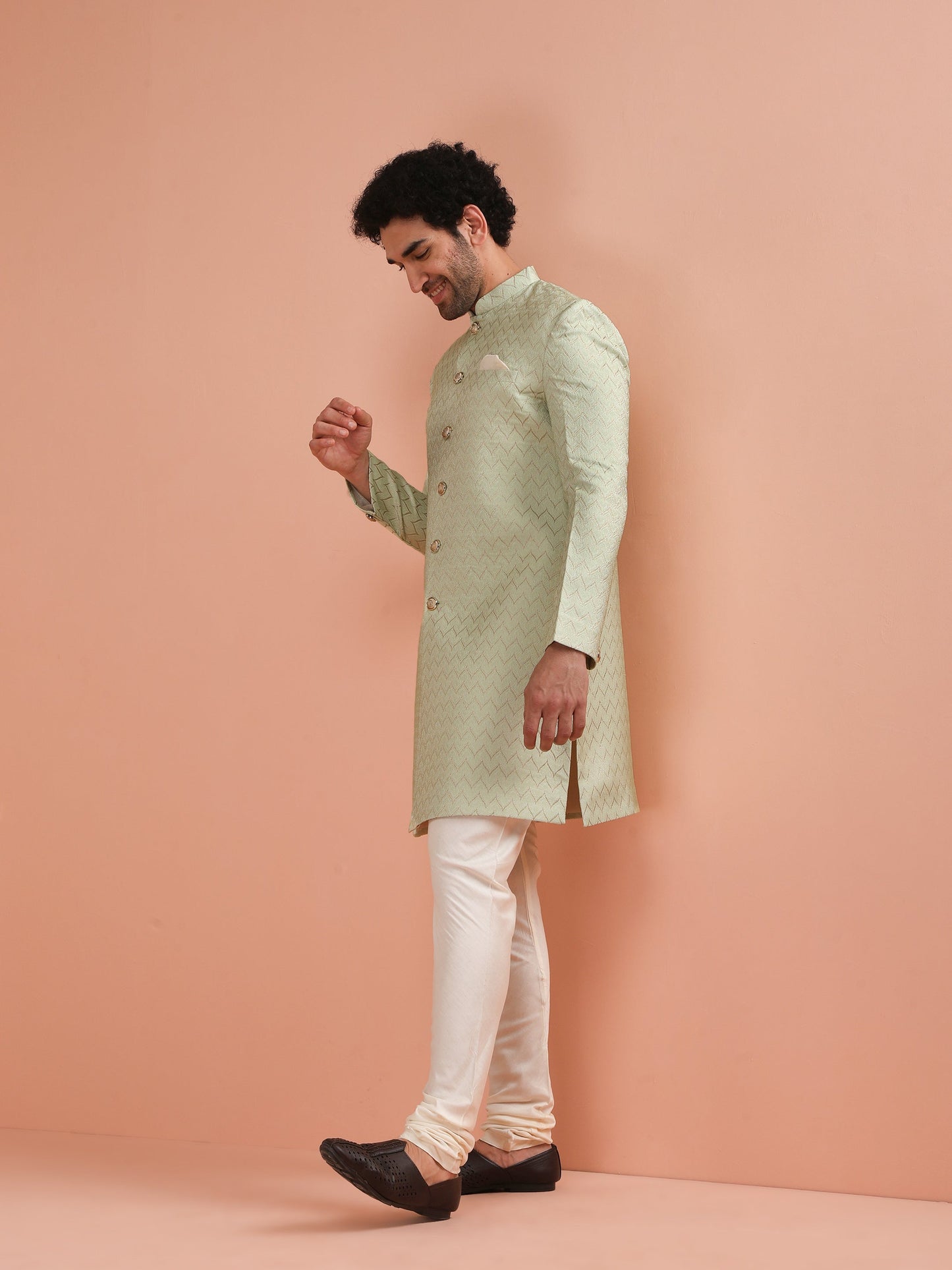 Men Green Jacquard Indowestern Churidar Set with Geometric