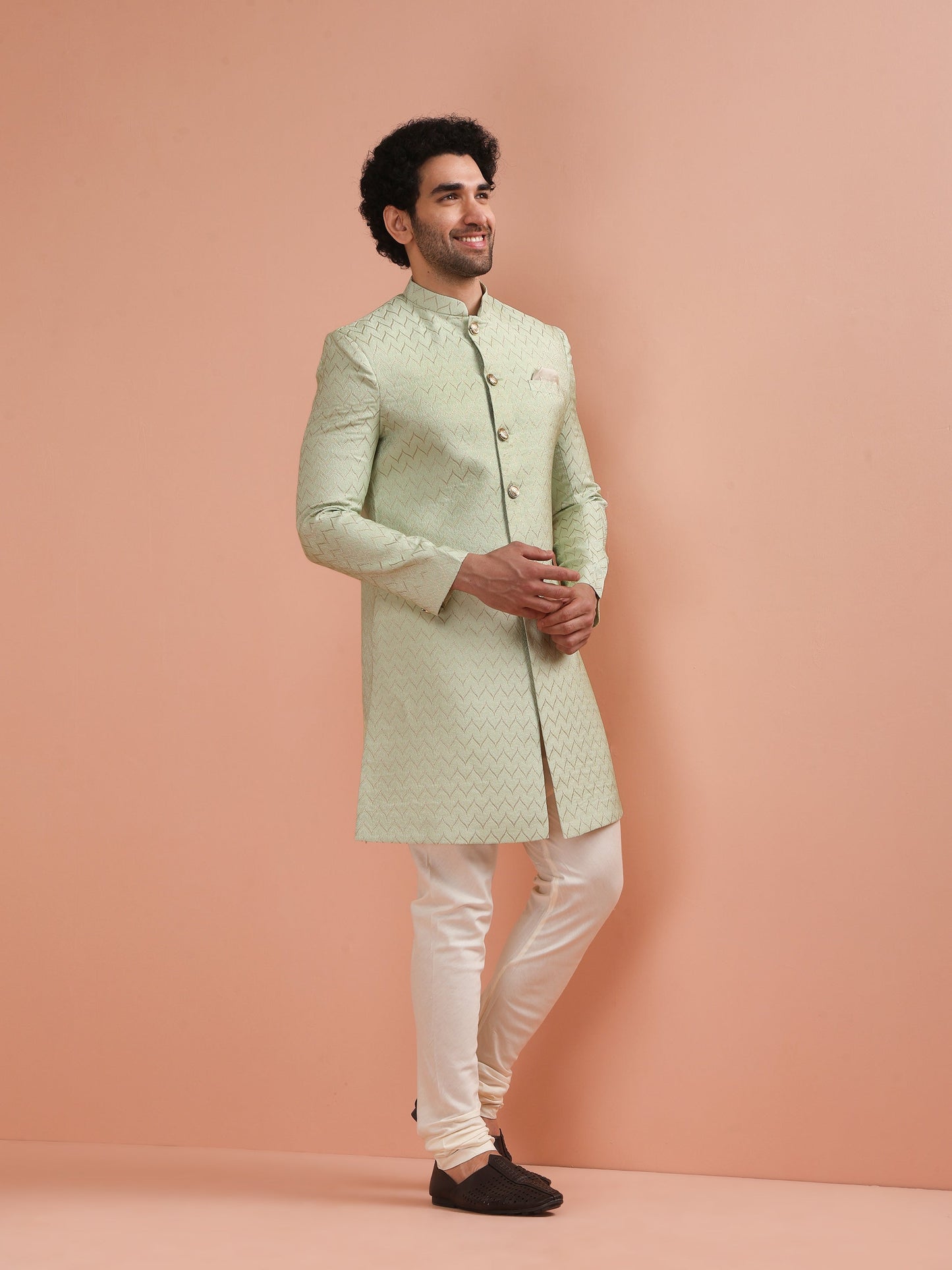 Men Green Jacquard Indowestern Churidar Set with Geometric