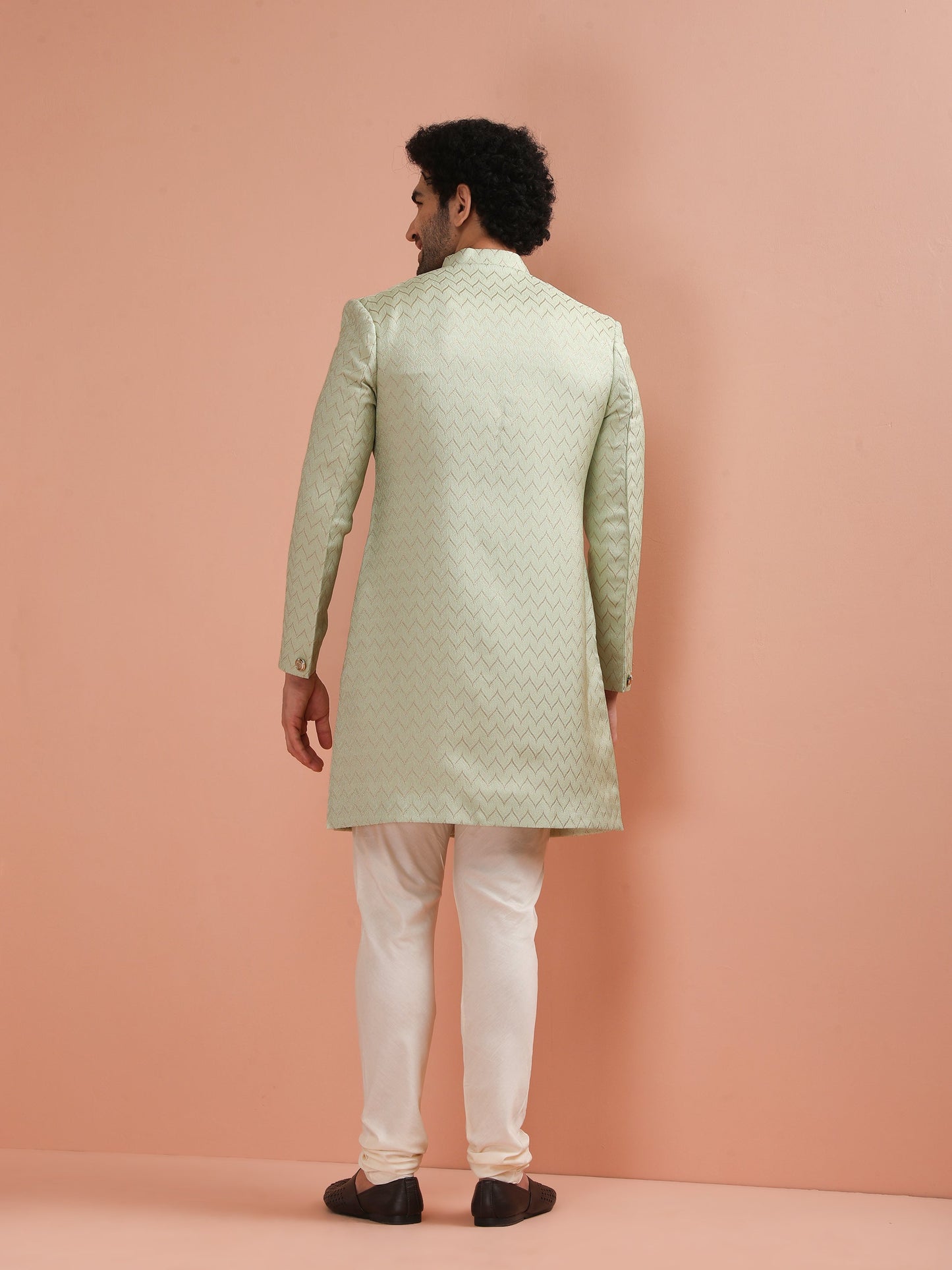 Men Green Jacquard Indowestern Churidar Set with Geometric