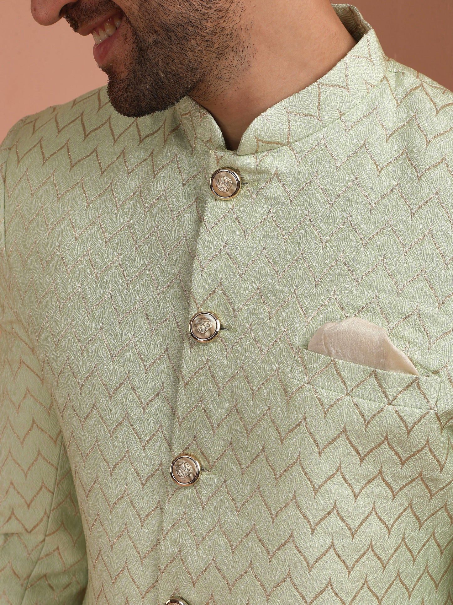 Men Green Jacquard Indowestern Churidar Set with Geometric