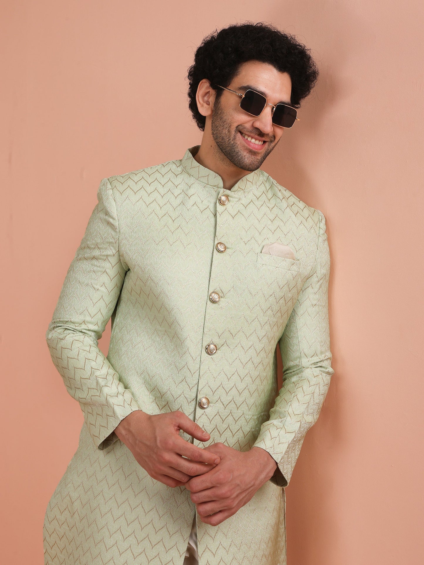 Men Green Jacquard Indowestern Churidar Set with Geometric