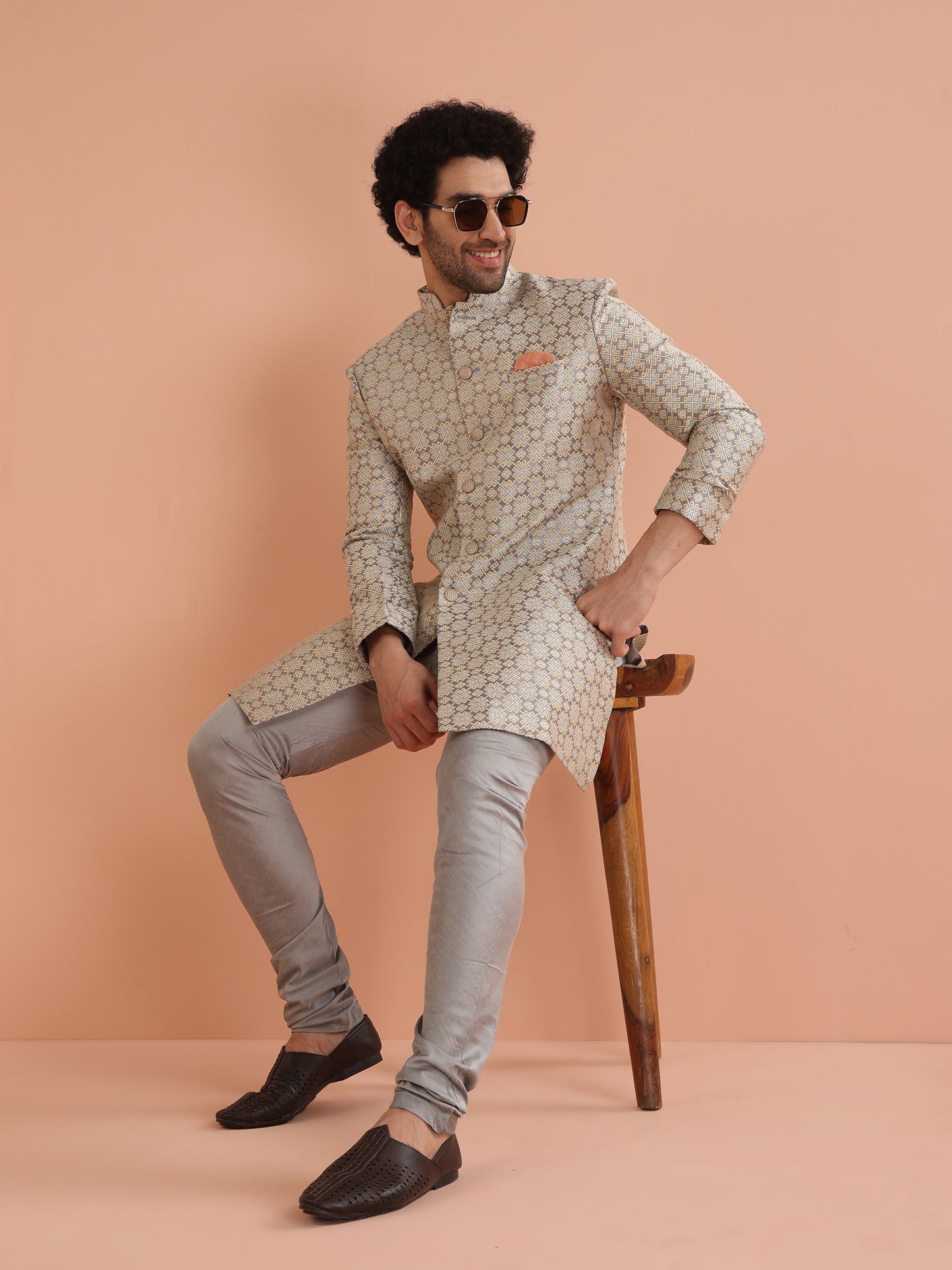 Men Grey Jacquard Indowestern Churidar Set with Geometric