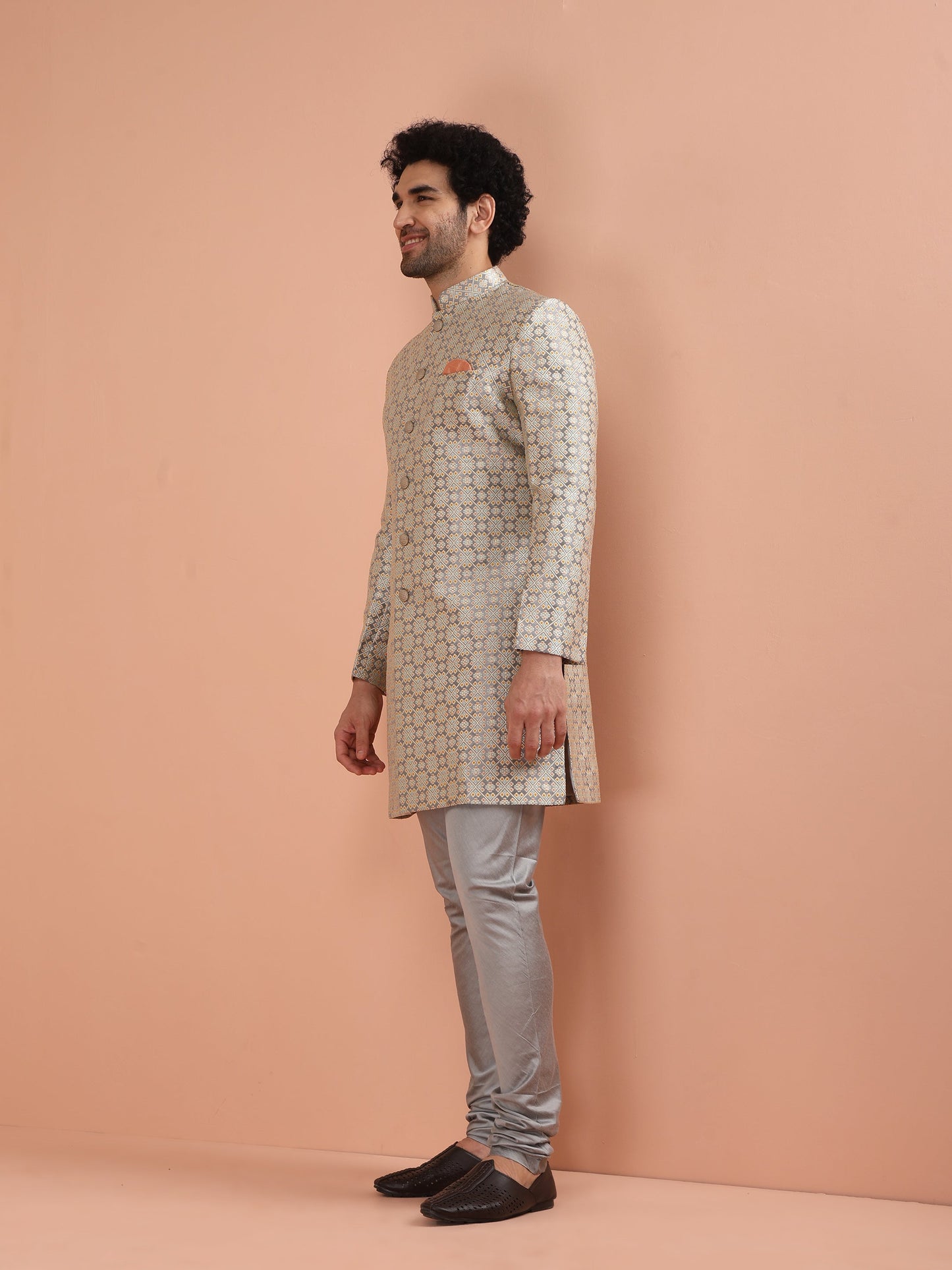 Men Grey Jacquard Indowestern Churidar Set with Geometric