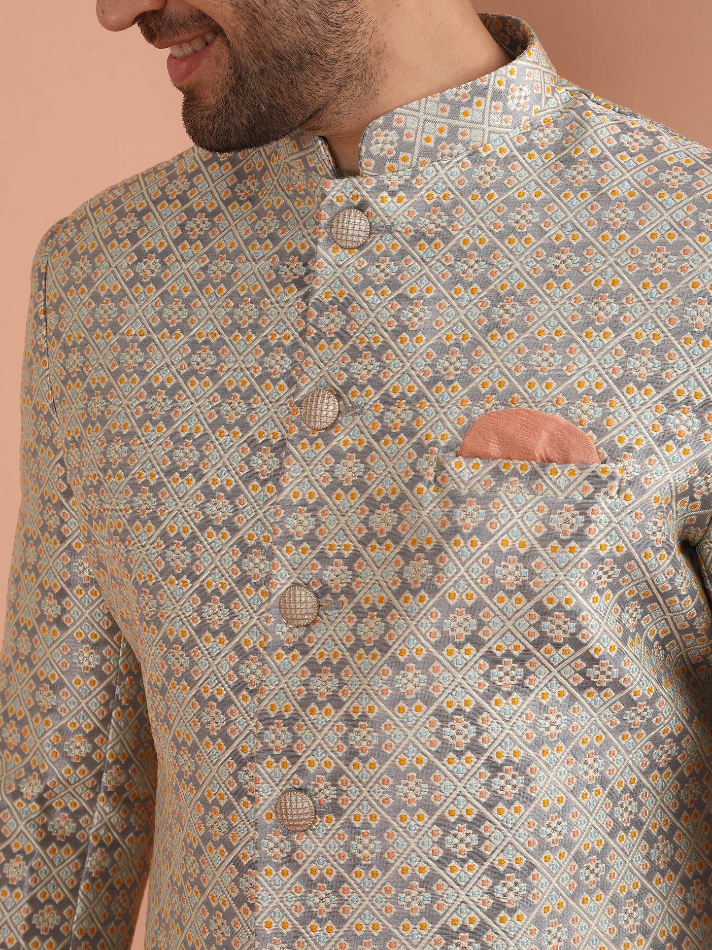 Men Grey Jacquard Indowestern Churidar Set with Geometric