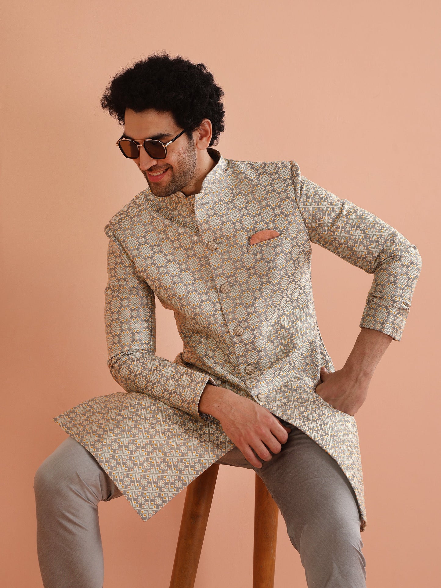 Men Grey Jacquard Indowestern Churidar Set with Geometric