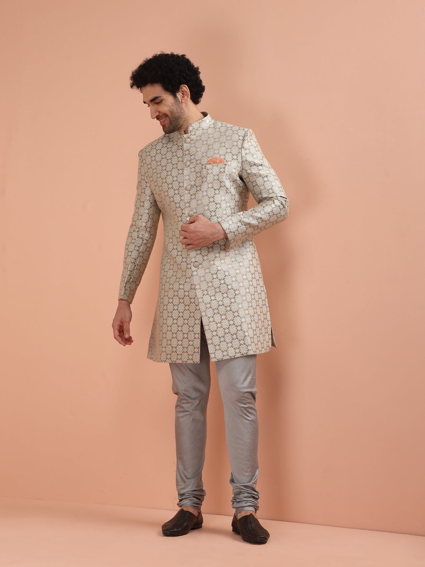 Men Grey Jacquard Indowestern Churidar Set with Geometric