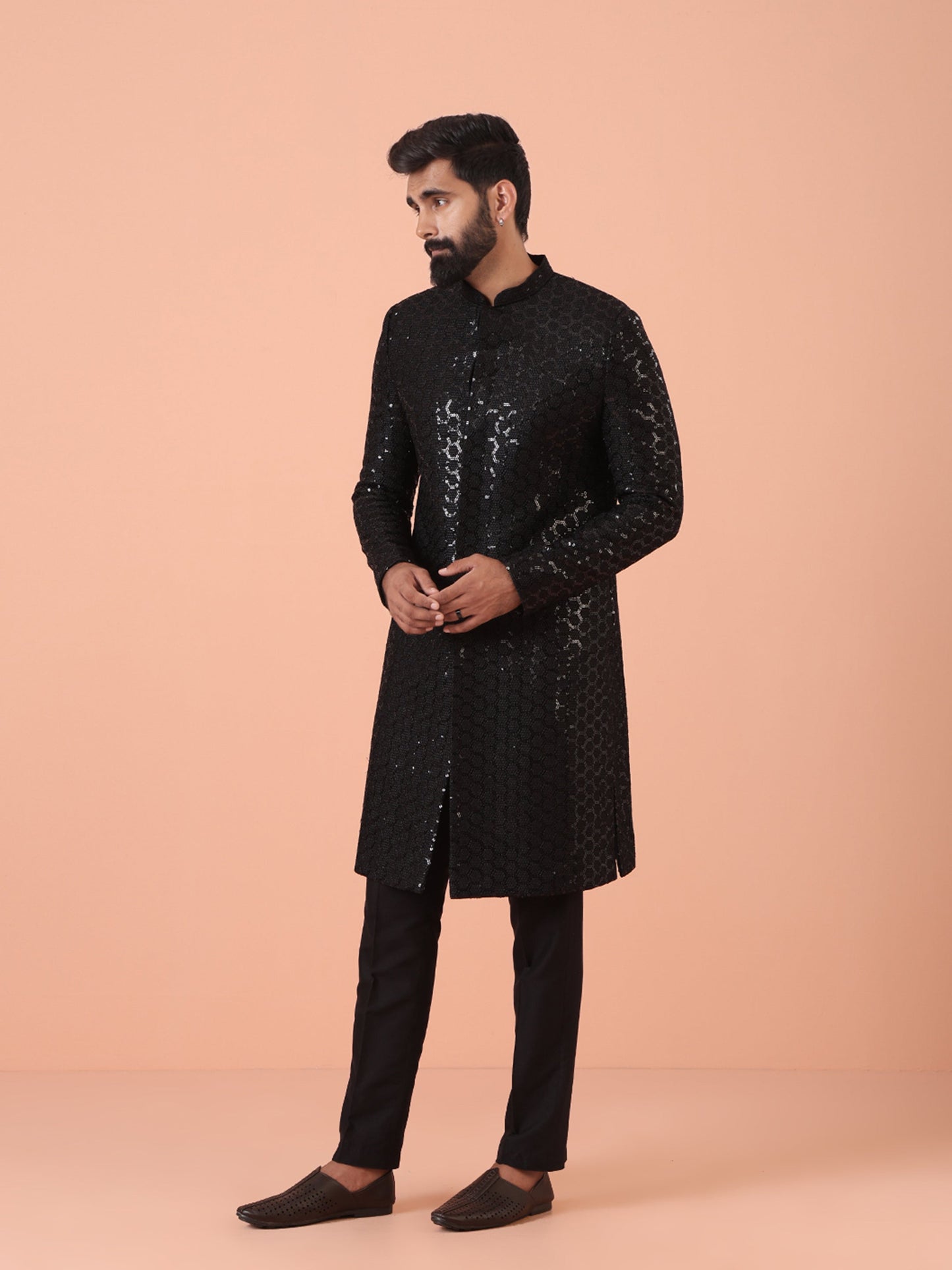 Men Black Embellished Indowestern Trouser Set with Sequinned