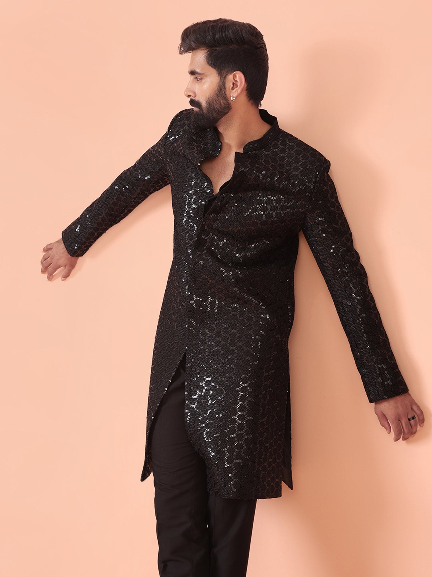 Men Black Embellished Indowestern Trouser Set with Sequinned